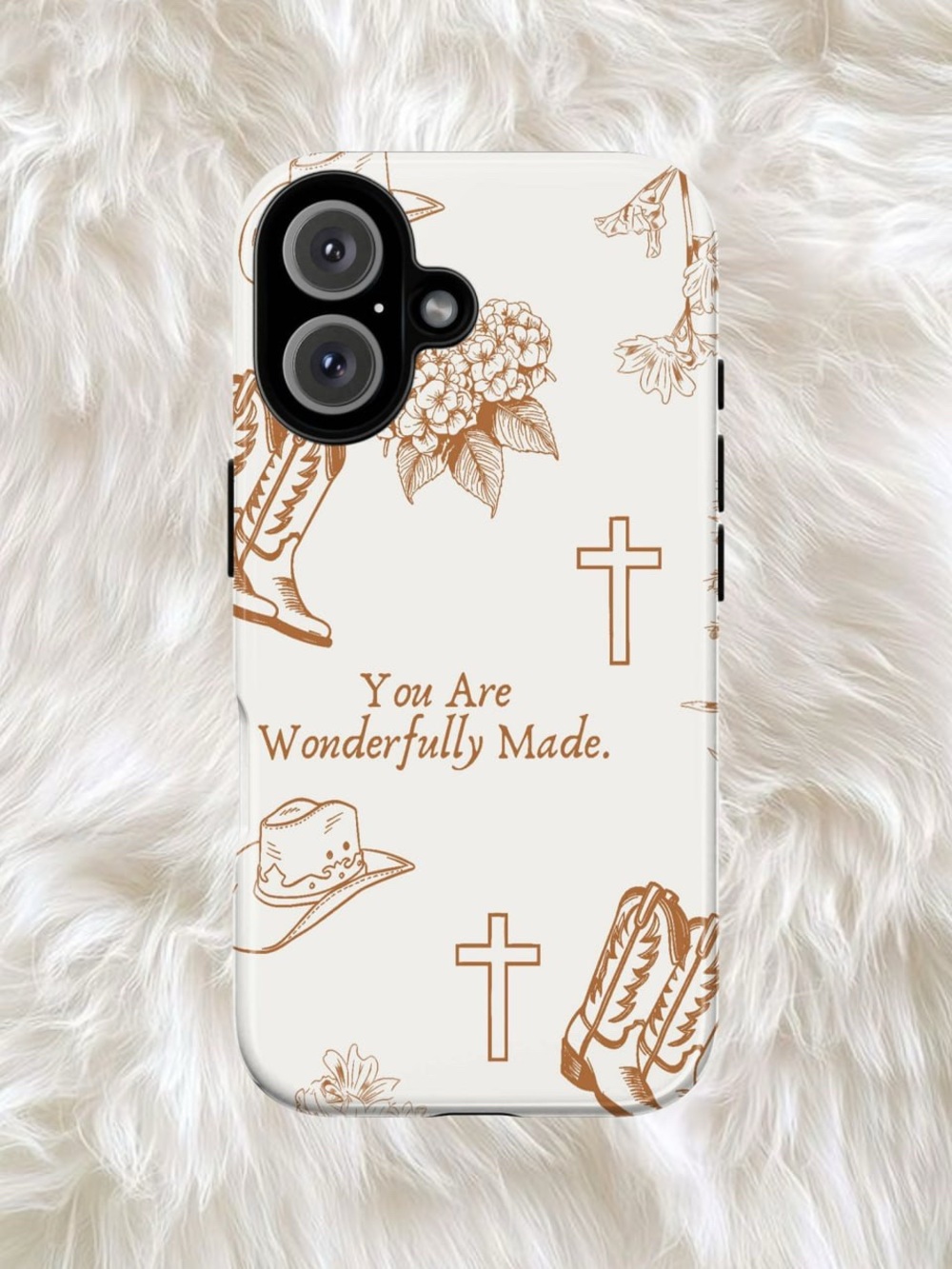 White & Tan 'You Are Wonderfully Made' Floral Cross Phone Case
